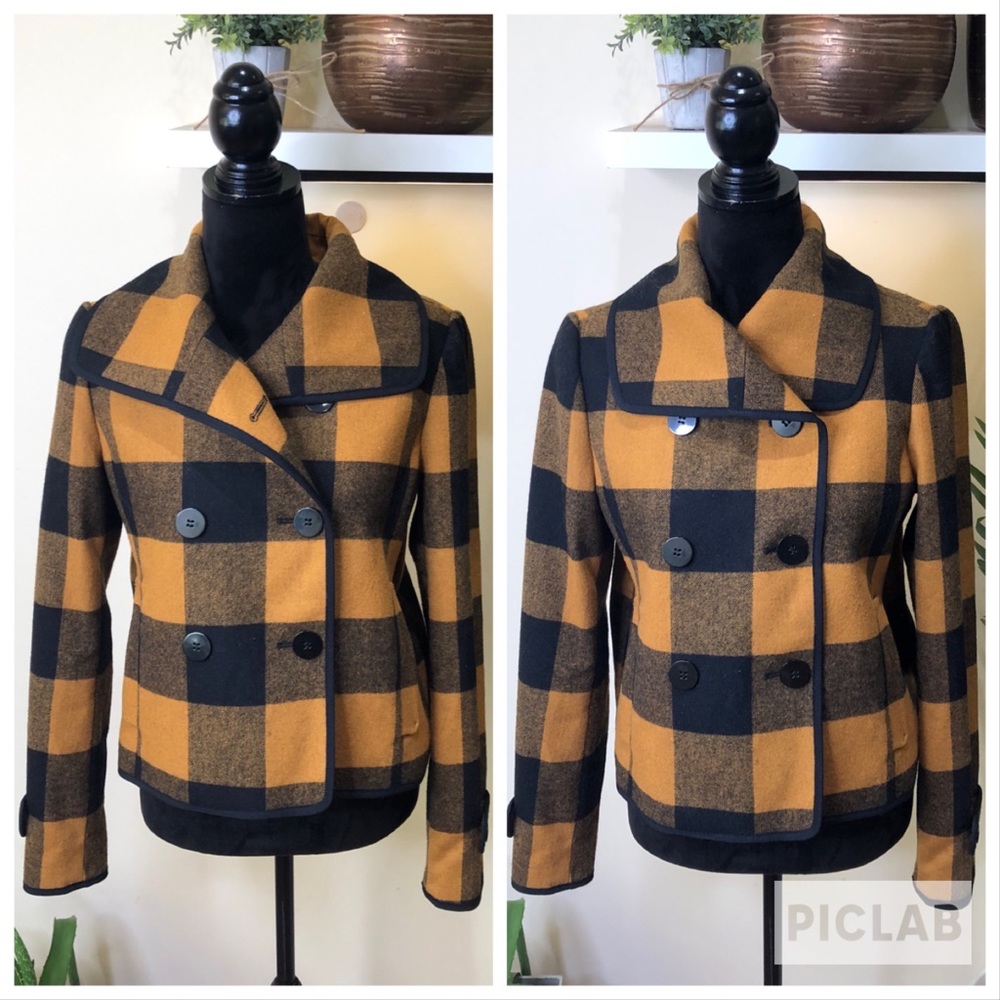 🧥 Ann Taylor LOFT Wool Buffalo Check Swing Coat Yellow/Mustard Navy Medium